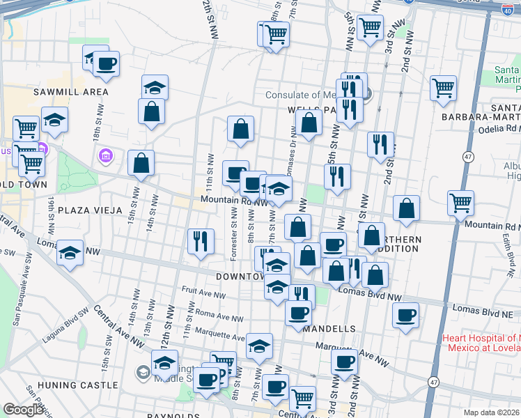 map of restaurants, bars, coffee shops, grocery stores, and more near 705 Mountain Road Northwest in Albuquerque
