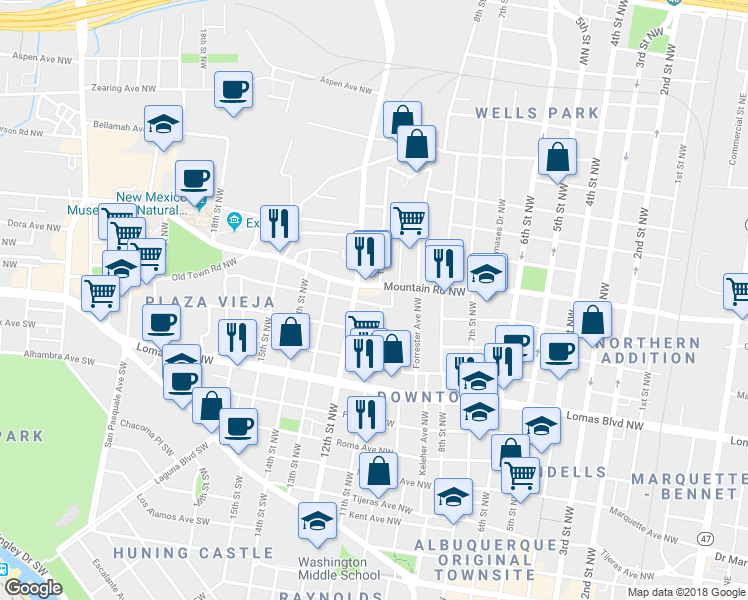 map of restaurants, bars, coffee shops, grocery stores, and more near in Albuquerque