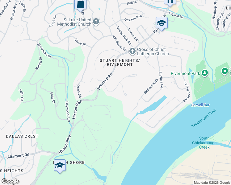 map of restaurants, bars, coffee shops, grocery stores, and more near 3011 Rivermont Road in Chattanooga