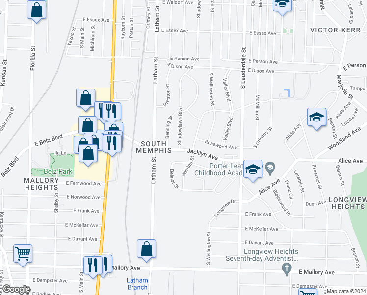 map of restaurants, bars, coffee shops, grocery stores, and more near 1892 Shadowlawn Boulevard in Memphis