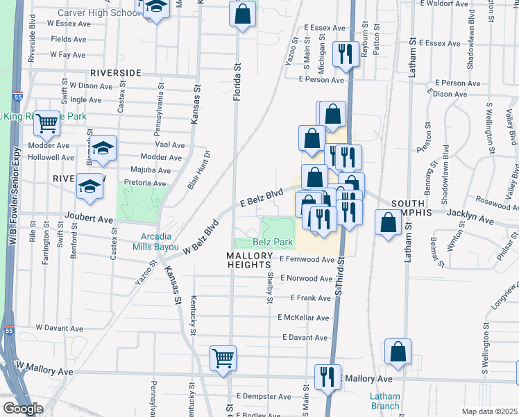 map of restaurants, bars, coffee shops, grocery stores, and more near 11 East Belz Boulevard in Memphis