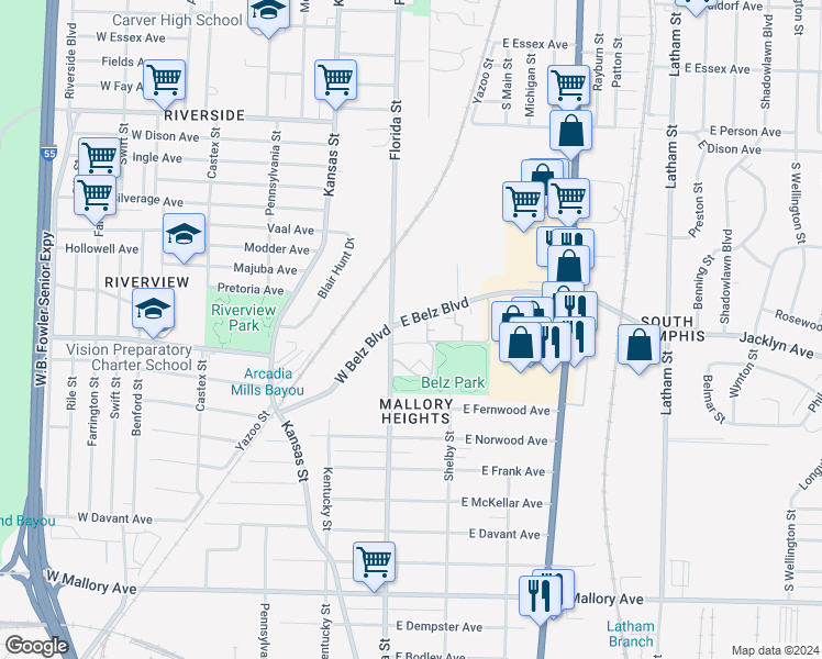 map of restaurants, bars, coffee shops, grocery stores, and more near 11 East Belz Boulevard in Memphis
