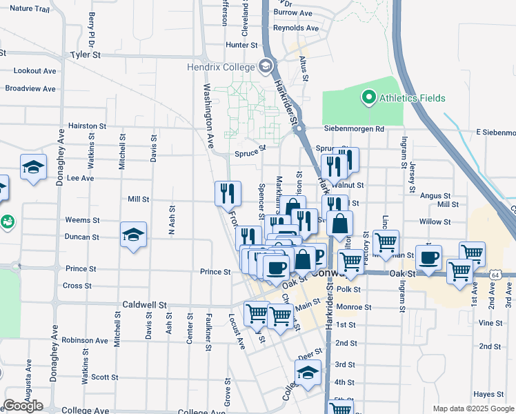 map of restaurants, bars, coffee shops, grocery stores, and more near 1122 Mill Street in Conway