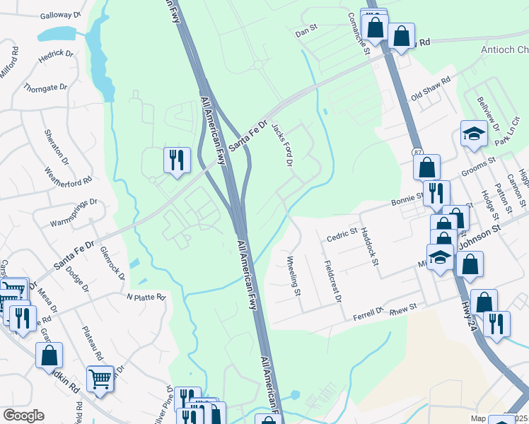 map of restaurants, bars, coffee shops, grocery stores, and more near 5022 Waterford Drive in Fayetteville