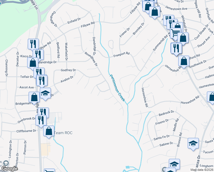 map of restaurants, bars, coffee shops, grocery stores, and more near 431 Roundtree Dr in Fayetteville