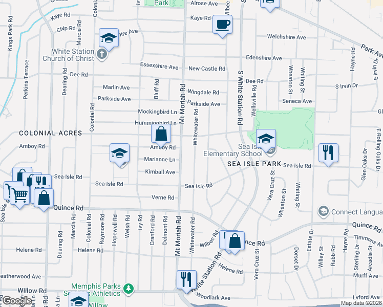 map of restaurants, bars, coffee shops, grocery stores, and more near 1327 Whitewater Road in Memphis