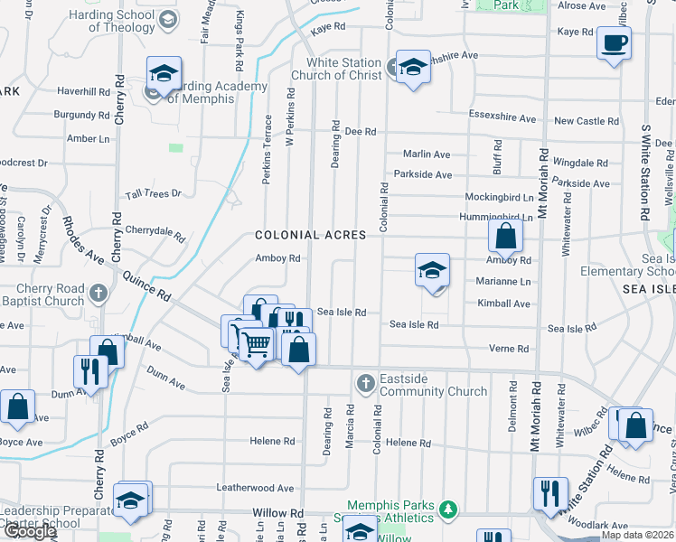 map of restaurants, bars, coffee shops, grocery stores, and more near 1328 Dearing Road in Memphis