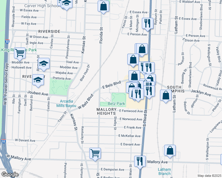map of restaurants, bars, coffee shops, grocery stores, and more near 11 East Belz Boulevard in Memphis