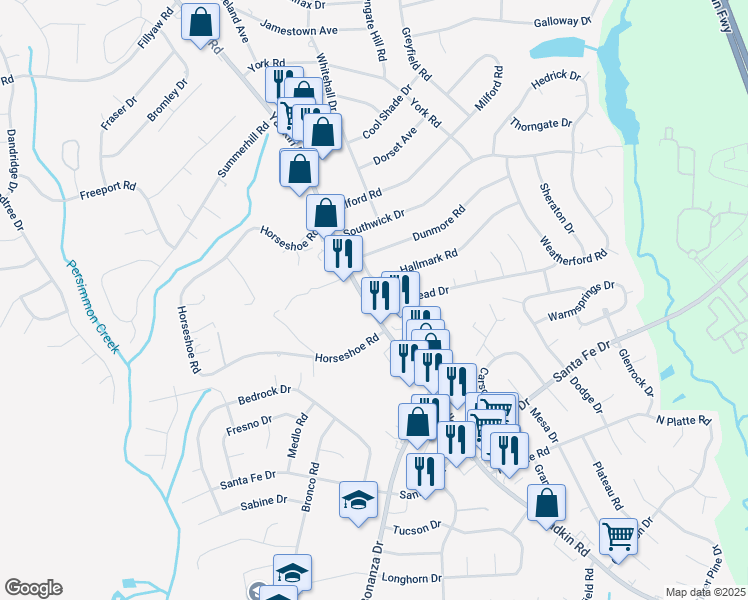map of restaurants, bars, coffee shops, grocery stores, and more near 407 Homestead Drive in Fayetteville