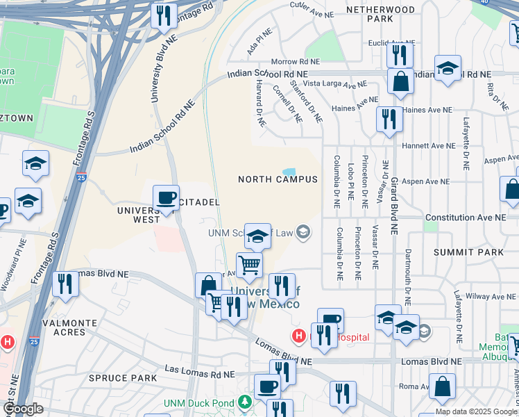 map of restaurants, bars, coffee shops, grocery stores, and more near 1101 Yale Boulevard Northeast in Albuquerque