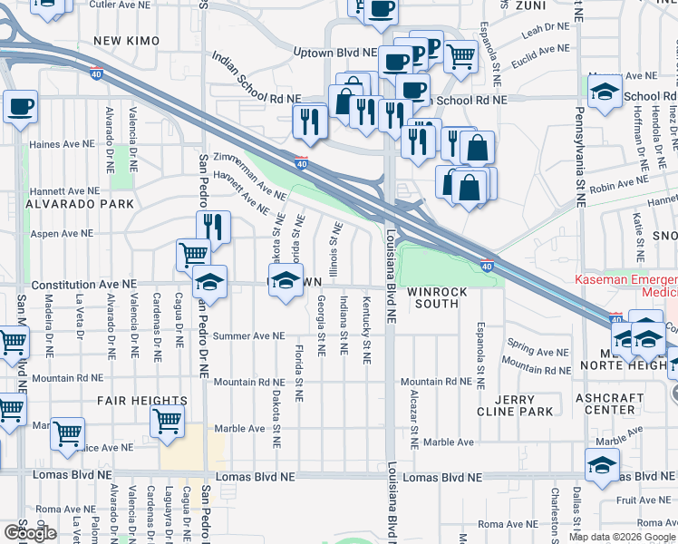map of restaurants, bars, coffee shops, grocery stores, and more near 1816 Indiana Street Northeast in Albuquerque