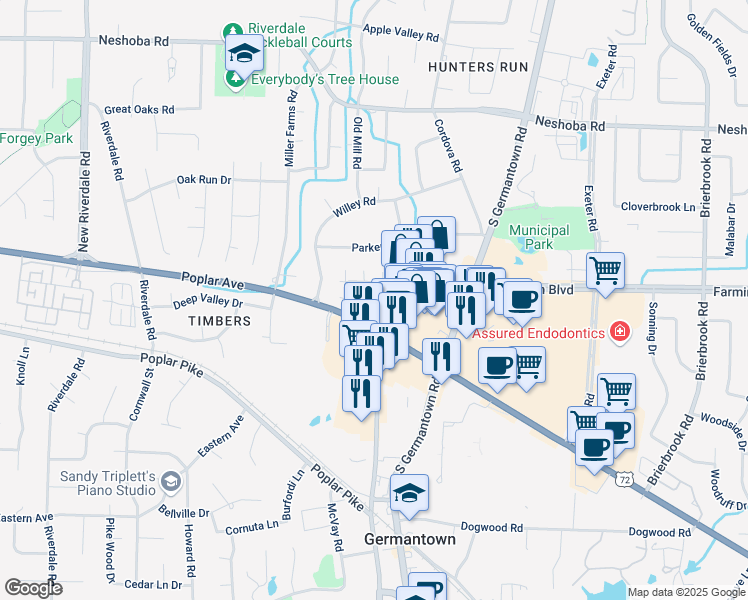 map of restaurants, bars, coffee shops, grocery stores, and more near 1969 Vienna Way in Germantown
