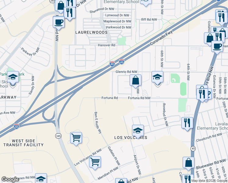 map of restaurants, bars, coffee shops, grocery stores, and more near 743 Mesa Del Rio Street Northwest in Albuquerque