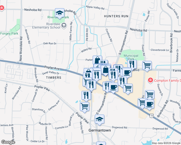 map of restaurants, bars, coffee shops, grocery stores, and more near 7500 West Farmington Boulevard in Germantown