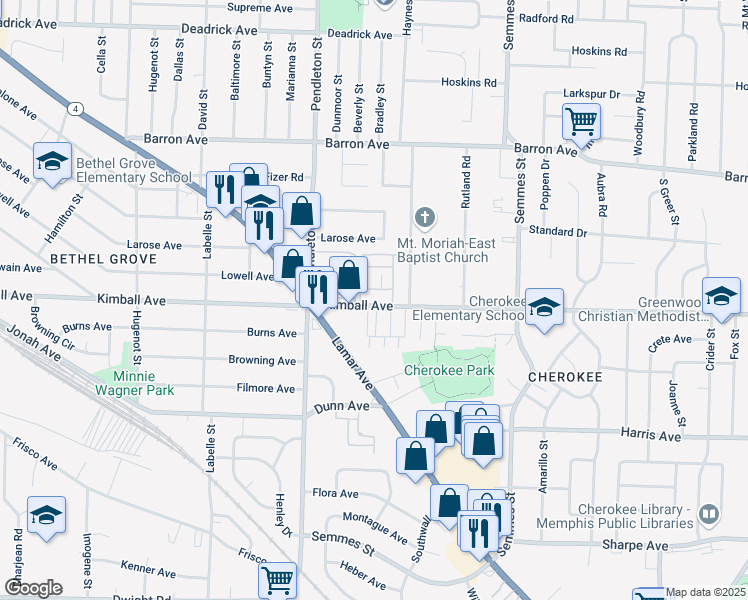 map of restaurants, bars, coffee shops, grocery stores, and more near 2860 Kimball Avenue in Memphis