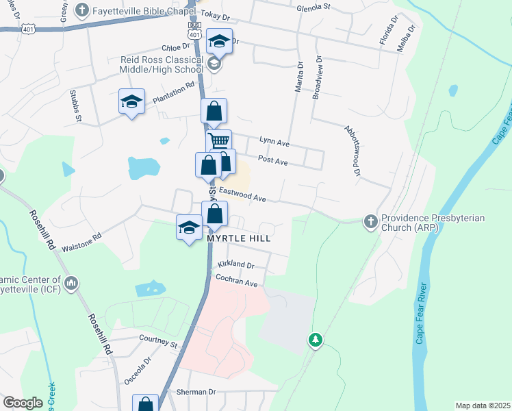 map of restaurants, bars, coffee shops, grocery stores, and more near 204 Eastwood Avenue in Fayetteville