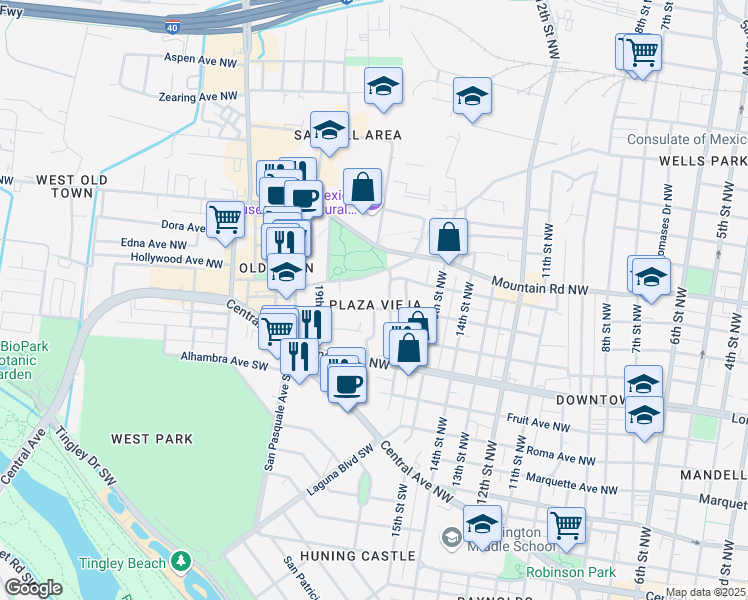 map of restaurants, bars, coffee shops, grocery stores, and more near 715 17th Street Northwest in Albuquerque