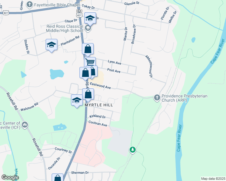 map of restaurants, bars, coffee shops, grocery stores, and more near 220 Eastwood Avenue in Fayetteville
