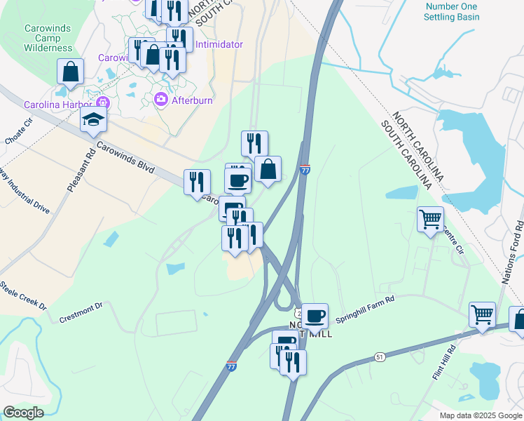 map of restaurants, bars, coffee shops, grocery stores, and more near 3630 Festival Drive in Fort Mill