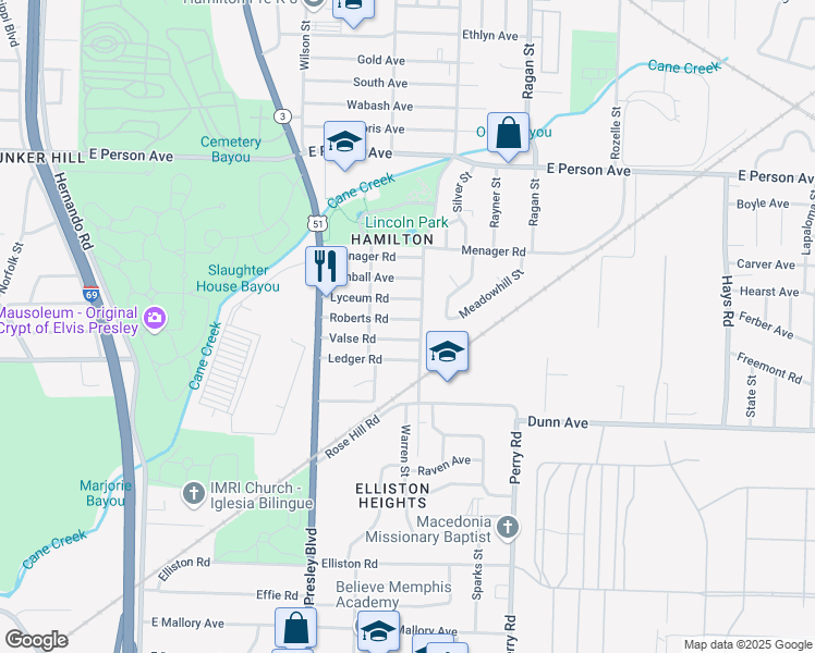 map of restaurants, bars, coffee shops, grocery stores, and more near 1451 Roberts Road in Memphis