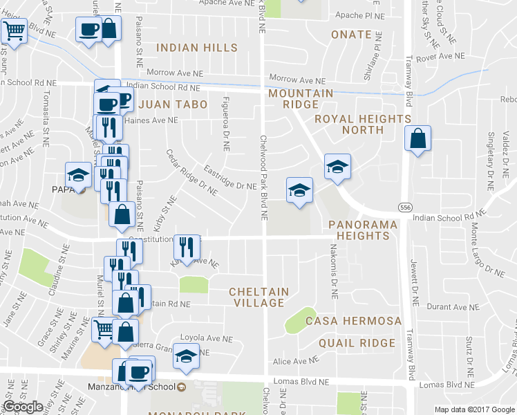 map of restaurants, bars, coffee shops, grocery stores, and more near 12701 Constitution Avenue Northeast in Albuquerque