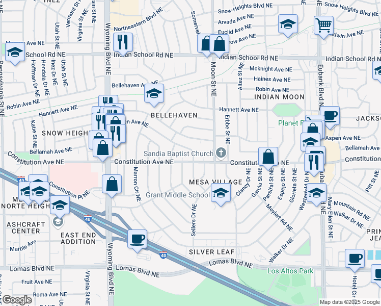 map of restaurants, bars, coffee shops, grocery stores, and more near 9105 Aspen Avenue Northeast in Albuquerque