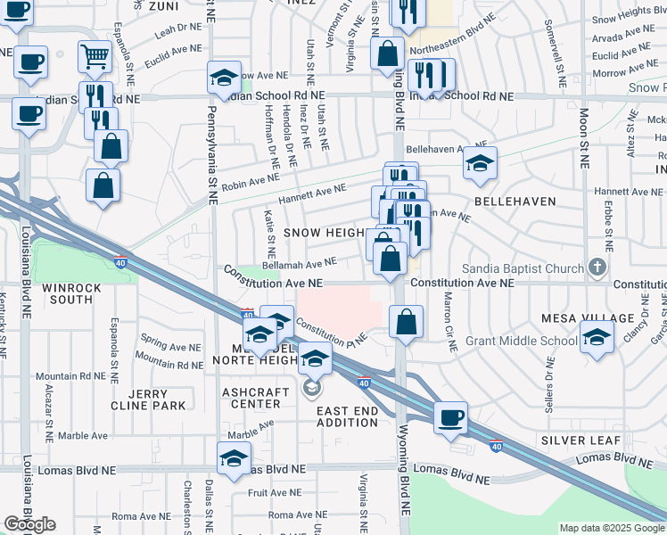 map of restaurants, bars, coffee shops, grocery stores, and more near 8021 Bellamah Avenue Northeast in Albuquerque