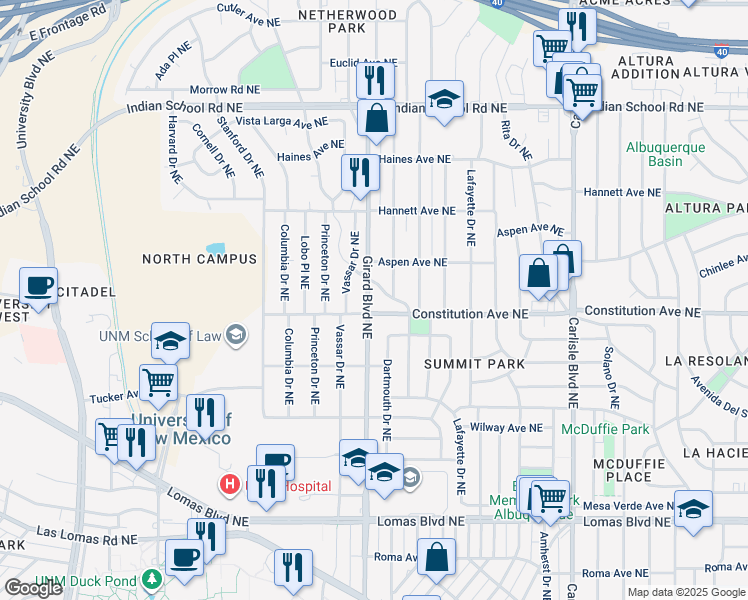 map of restaurants, bars, coffee shops, grocery stores, and more near 2910 Wilson Place Northeast in Albuquerque