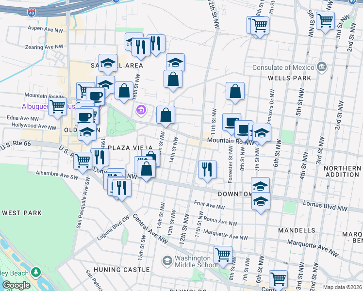 map of restaurants, bars, coffee shops, grocery stores, and more near 1322 Mountain Road Northwest in Albuquerque