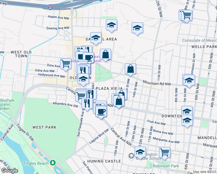 map of restaurants, bars, coffee shops, grocery stores, and more near 715 17th Street Northwest in Albuquerque