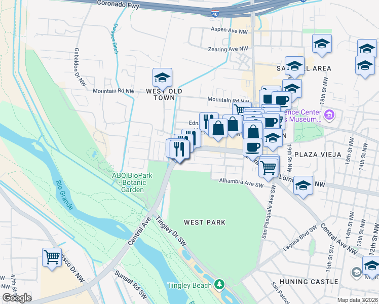 map of restaurants, bars, coffee shops, grocery stores, and more near 2401 Central Avenue Northwest in Albuquerque