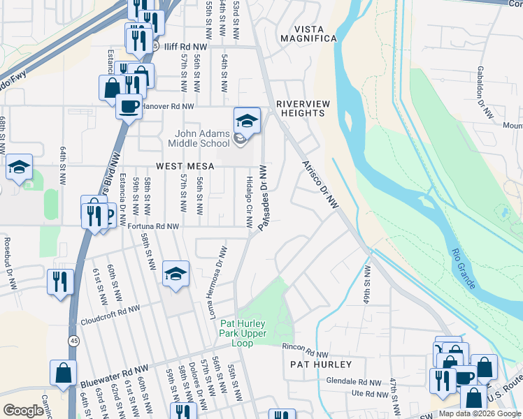 map of restaurants, bars, coffee shops, grocery stores, and more near 822 Hidalgo Circle Northwest in Albuquerque