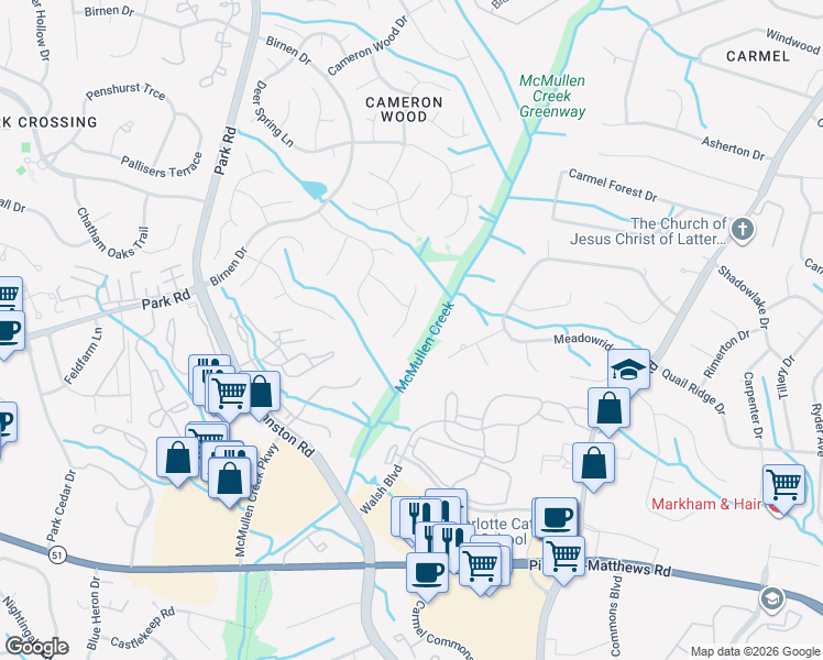 map of restaurants, bars, coffee shops, grocery stores, and more near 10127 Standing Stone Court in Charlotte