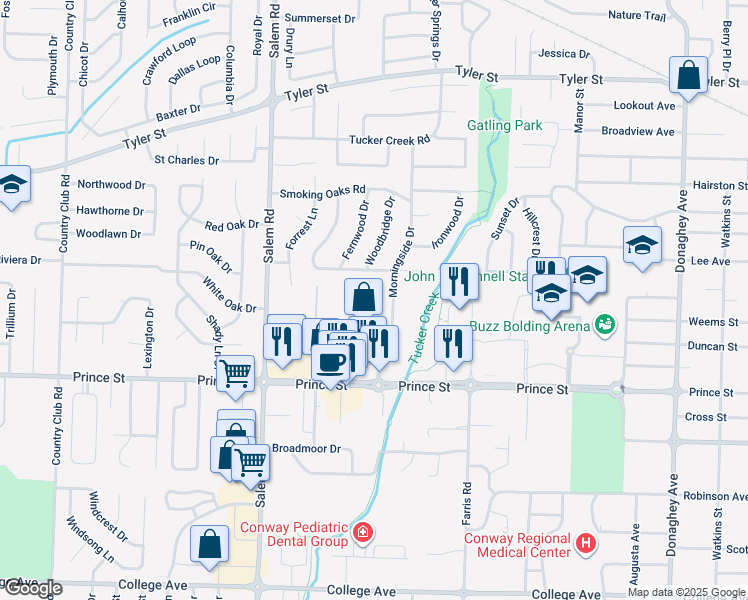 map of restaurants, bars, coffee shops, grocery stores, and more near 45 Timberlane Trail in Conway