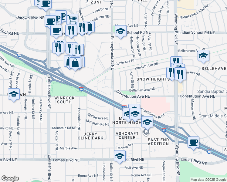 map of restaurants, bars, coffee shops, grocery stores, and more near Constitution Avenue Northeast & Pennsylvania Street Northeast in Albuquerque