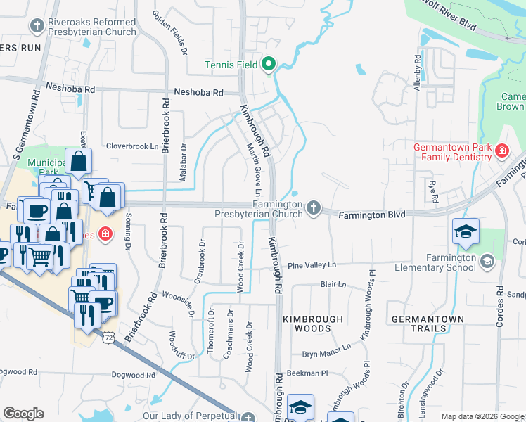 map of restaurants, bars, coffee shops, grocery stores, and more near 8145 Farmington Boulevard in Germantown