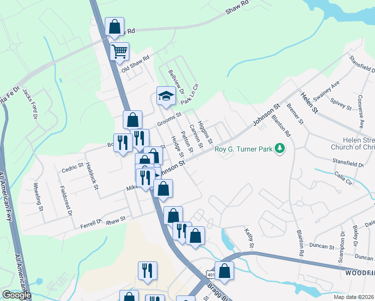 map of restaurants, bars, coffee shops, grocery stores, and more near 5012 Hodge Street in Fayetteville