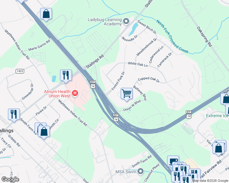 map of restaurants, bars, coffee shops, grocery stores, and more near 126 Forest Park Road in Matthews