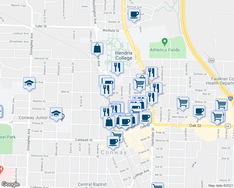 map of restaurants, bars, coffee shops, grocery stores, and more near 1161 Mill Street in Conway