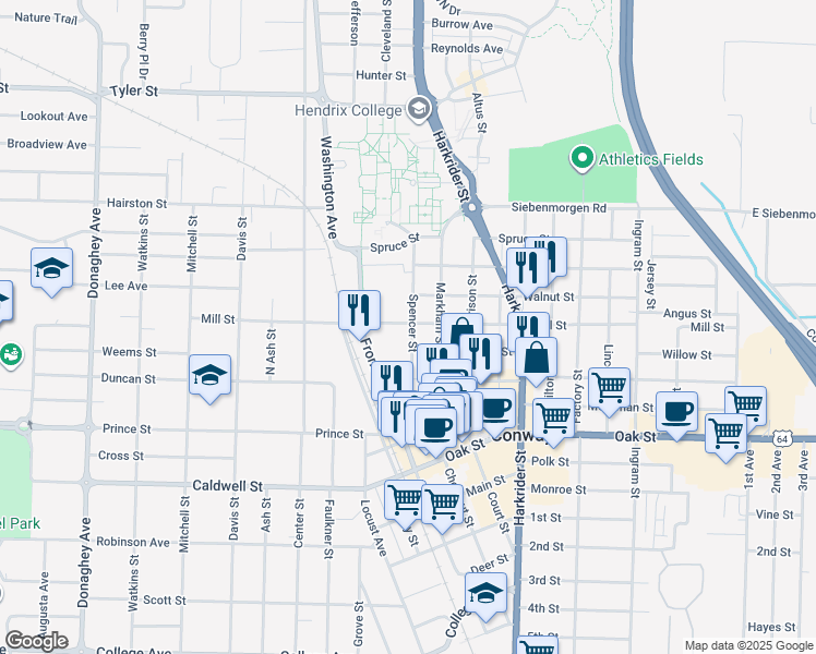 map of restaurants, bars, coffee shops, grocery stores, and more near 1122 Mill Street in Conway