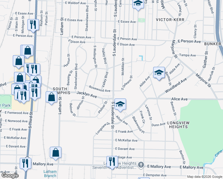map of restaurants, bars, coffee shops, grocery stores, and more near 536 Rosewood Avenue in Memphis