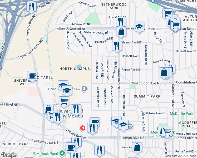 map of restaurants, bars, coffee shops, grocery stores, and more near 1212 Columbia Drive Northeast in Albuquerque