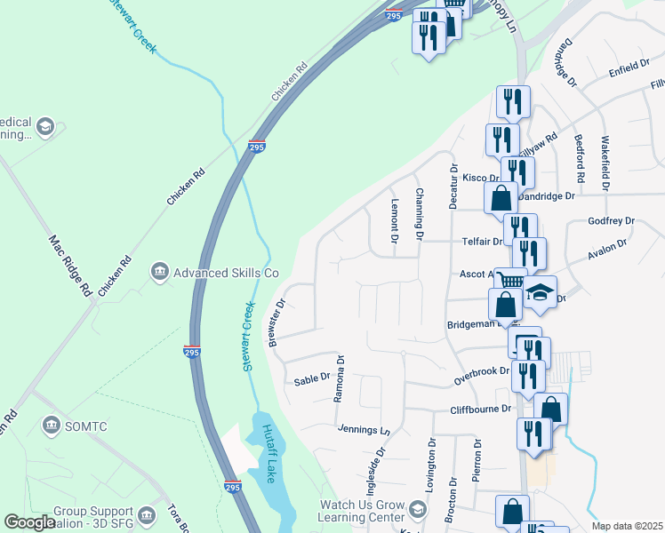 map of restaurants, bars, coffee shops, grocery stores, and more near 7571 Faraday Place in Fayetteville