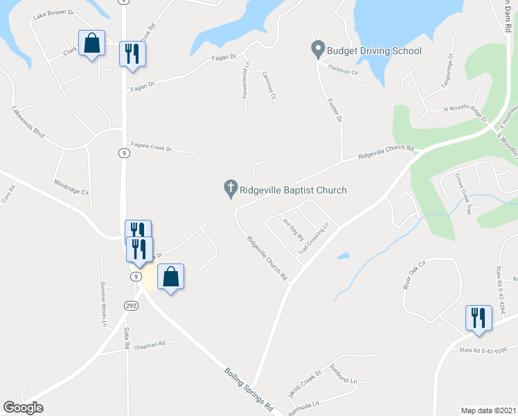 map of restaurants, bars, coffee shops, grocery stores, and more near 426 Ridgeville Church Road in Inman