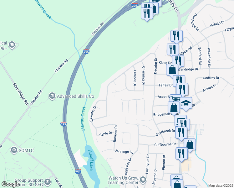 map of restaurants, bars, coffee shops, grocery stores, and more near 7569 Faraday Place in Fayetteville