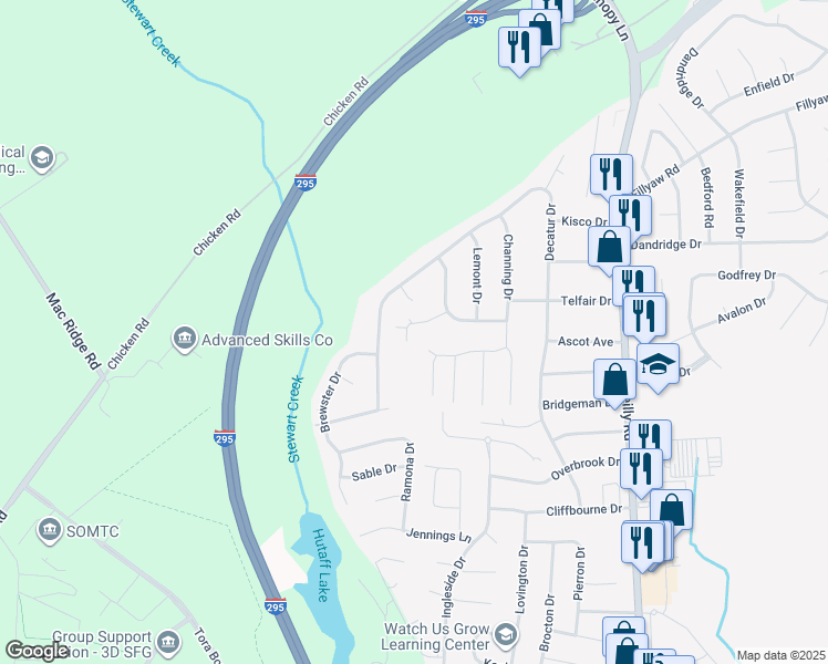 map of restaurants, bars, coffee shops, grocery stores, and more near 7565 Faraday Place in Fayetteville