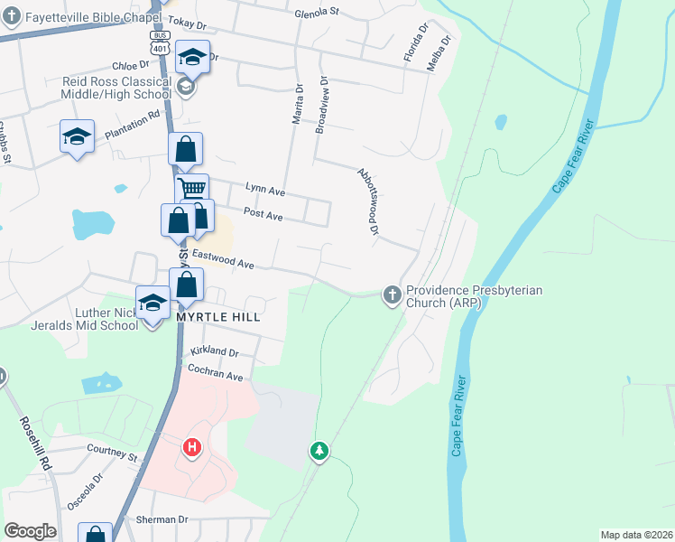 map of restaurants, bars, coffee shops, grocery stores, and more near 318 Porterfield Court in Fayetteville