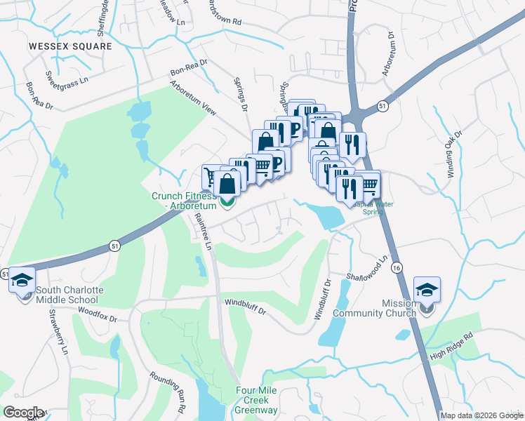 map of restaurants, bars, coffee shops, grocery stores, and more near 3609 Willow Point Drive in Charlotte
