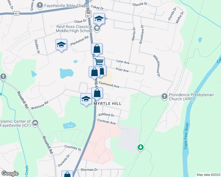 map of restaurants, bars, coffee shops, grocery stores, and more near 204 Eastwood Avenue in Fayetteville