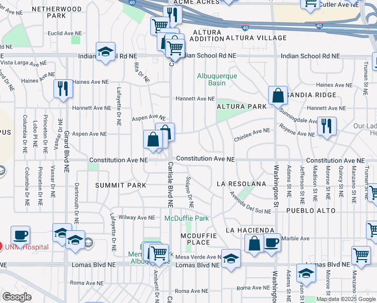 map of restaurants, bars, coffee shops, grocery stores, and more near 1401 Solano Drive Northeast in Albuquerque
